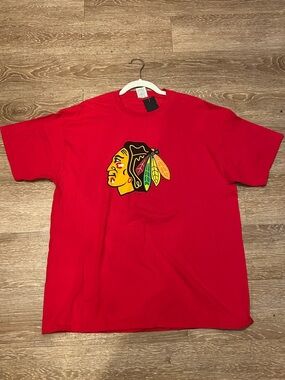 Source Unknown Red Short Sleeve Tee with Multicolor Feather Logo